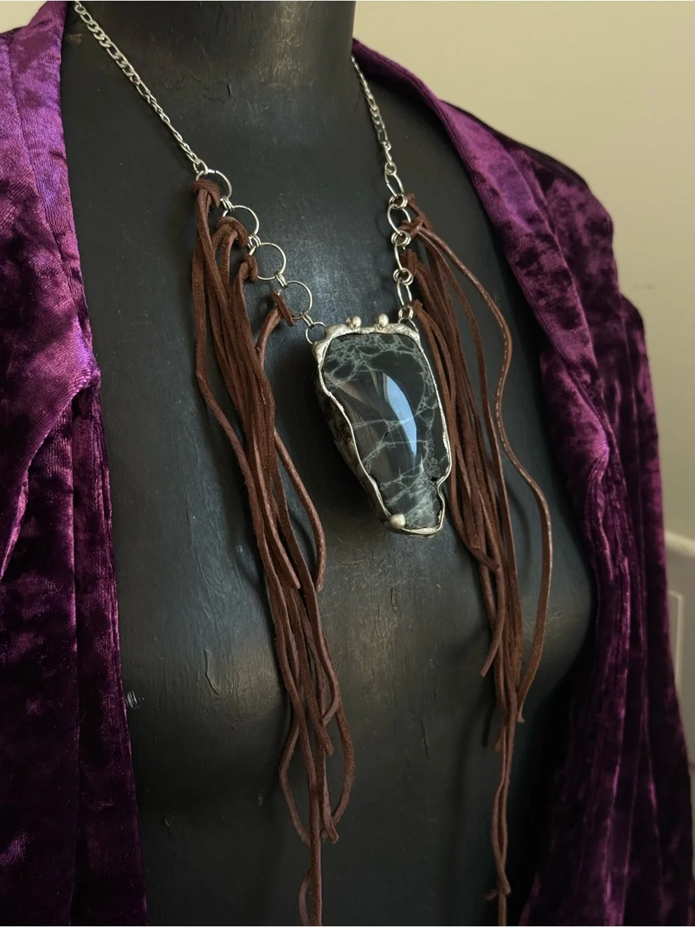 Spiderweb obsidian statement Fringe Necklace southern gothic boho jewelry